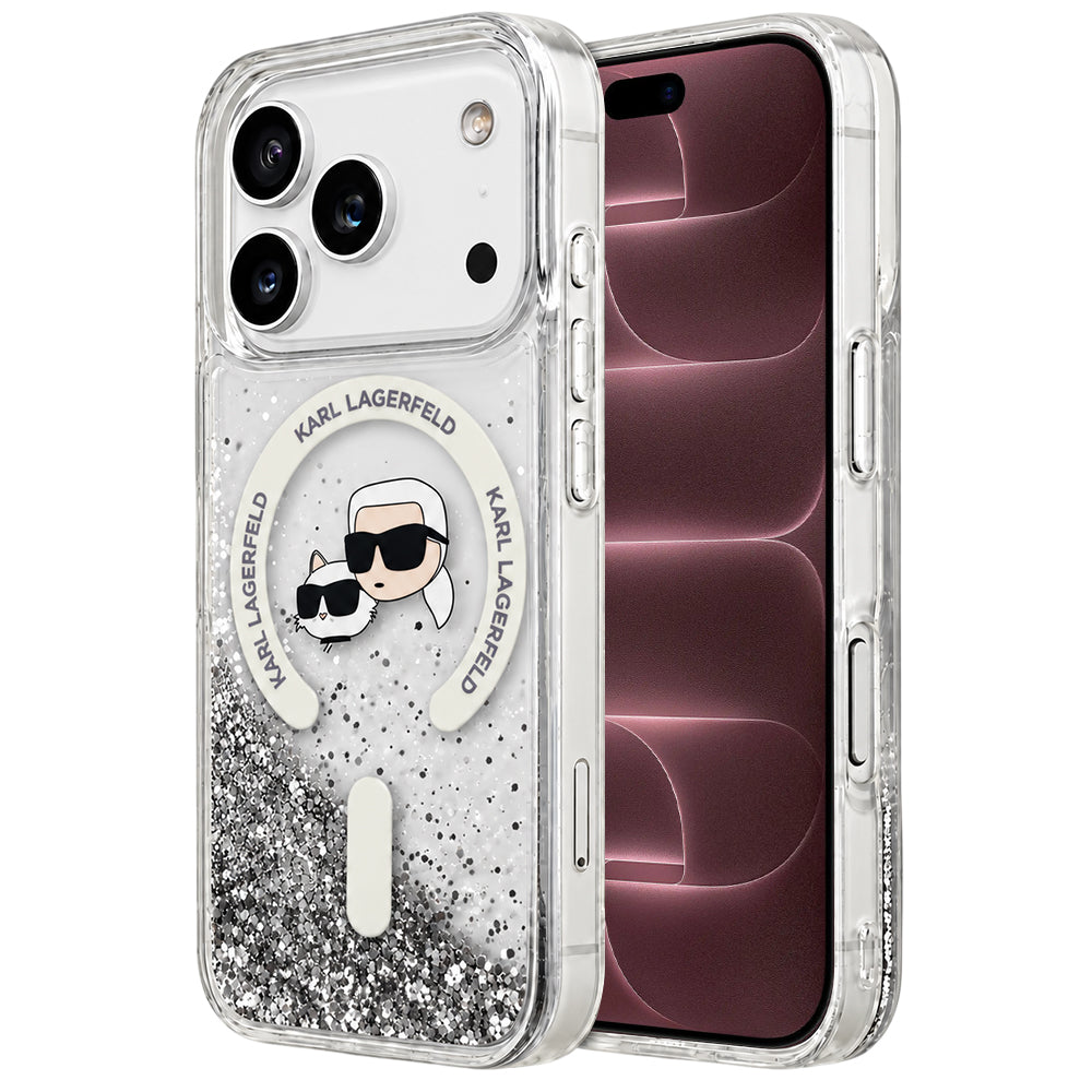 MagSafe tok Apple iPhone 18 Pro Max / 17 Pro Max számára, Karl Lagerfeld, Liquid Glitter Karl & Choupette fej, Átlátszó