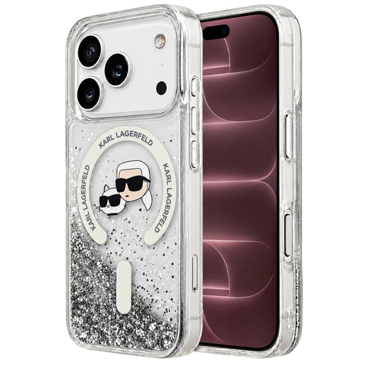 MagSafe tok Apple iPhone 18 Pro Max / 17 Pro Max számára, Karl Lagerfeld, Liquid Glitter Karl & Choupette fej, Átlátszó