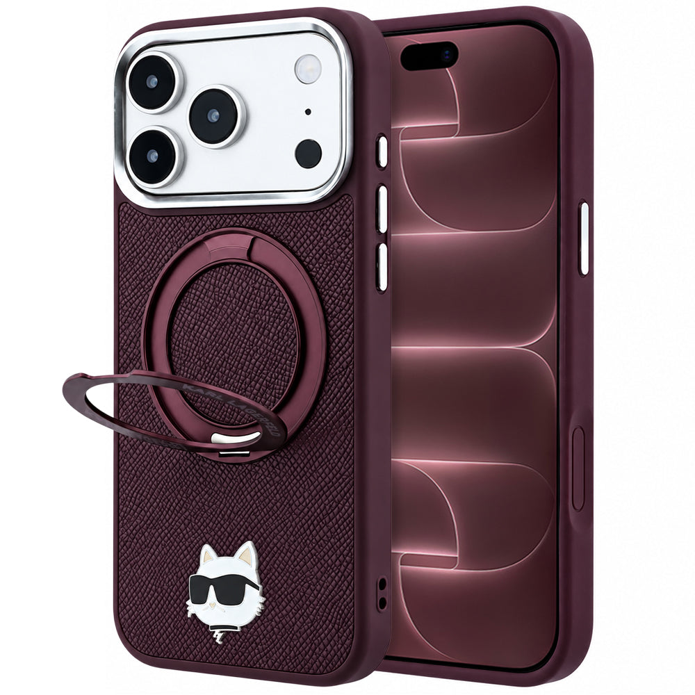 MagSafe tok Apple iPhone 18 Pro Max / 17 Pro Max készülékhez, Karl Lagerfeld, Saffiano gyűrűs állvány 360 Choupette tű, Bordó