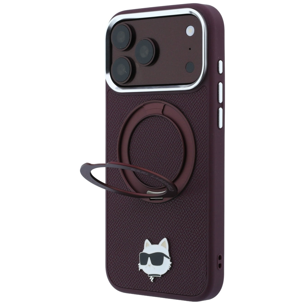 MagSafe tok Apple iPhone 18 Pro Max / 17 Pro Max készülékhez, Karl Lagerfeld, Saffiano gyűrűs állvány 360 Choupette tű, Bordó
