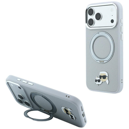 MagSafe tok Apple iPhone 18 Pro Max / 17 Pro Max készülékhez, Karl Lagerfeld, Ring Stand 360 Karl & Choupette Pin, szürke
