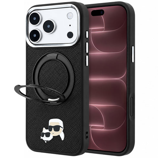 MagSafe tok Apple iPhone 18 Pro Max / 17 Pro Max készülékhez, Karl Lagerfeld, Ring Stand 360 Karl & Choupette kitűző, Fekete