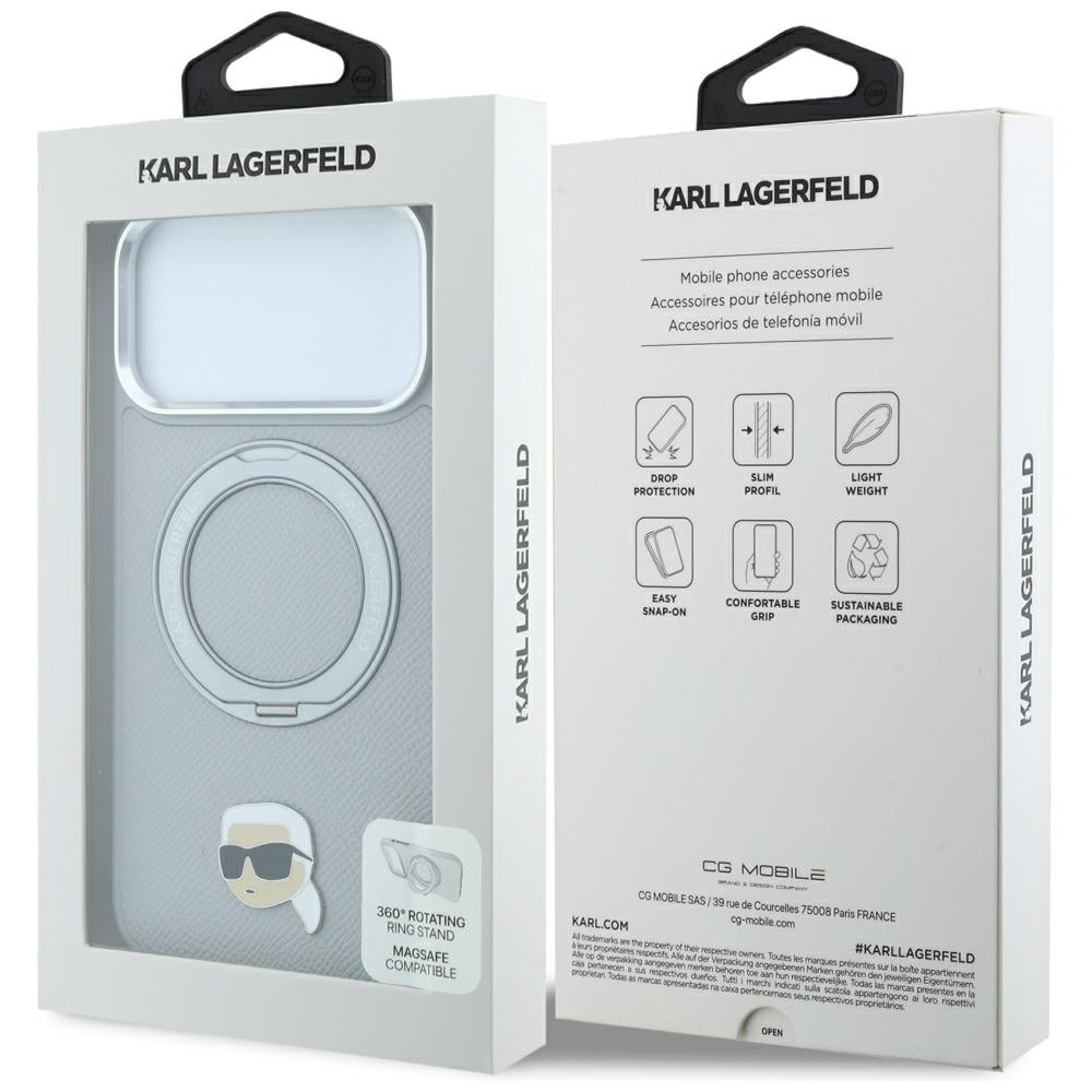 MagSafe tok Apple iPhone 18 Pro Max / 17 Pro Max készülékhez, Karl Lagerfeld, Ring Stand 360 Karl Pin, szürke