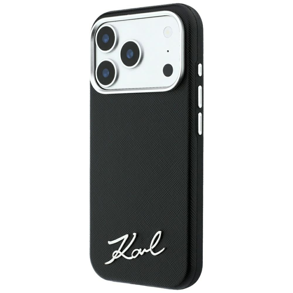 MagSafe tok Apple iPhone 18 Pro Max / 17 Pro Max számára, Karl Lagerfeld, Saffiano Small Script fém logóval, fekete