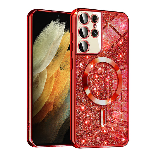 MagSafe tok Samsung Galaxy S21 Ultra 5G G998-hoz, Techsuit, Luxury Glitter, Piros