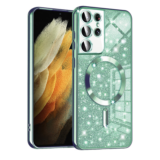 MagSafe tok Samsung Galaxy S21 Ultra 5G G998-hoz, Techsuit, Luxury Glitter, Világos zöld