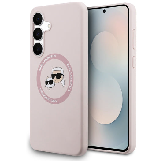 MagSafe tok Samsung Galaxy S25 FE-hez, Karl Lagerfeld, Karl & Choupette fejekkel díszített szilikon, Rózsaszín