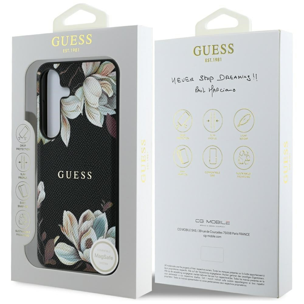 MagSafe tok Samsung Galaxy S25 S931-hez, Guess, Grained Flowers, Fekete