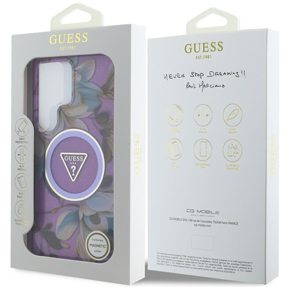 MagSafe tok Samsung Galaxy S25 Ultra S938-hez, Guess, IML Metal Glitter Flowers Triangle, Lila