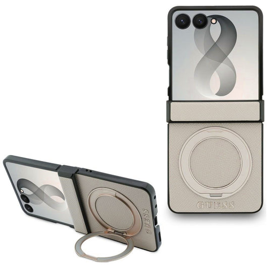 MagSafe tok Samsung Galaxy Z Flip8 F776-hez, Guess, Ring Stand Grained Classic Logo, Bézs