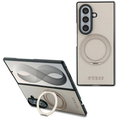 MagSafe tok Samsung Galaxy Z Fold8 Ultra F976-hez, Guess, Gyűrűs Állvány Barázdált Klasszikus Logó, Bézs
