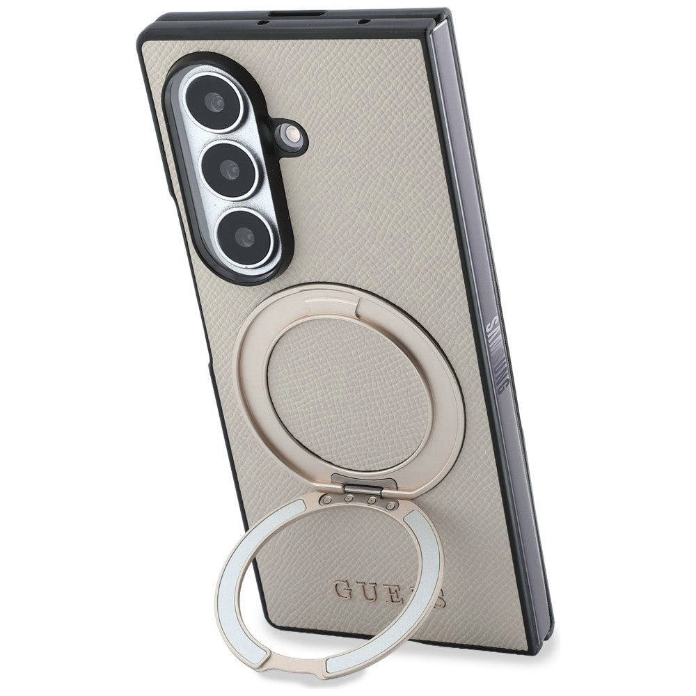 MagSafe tok Samsung Galaxy Z Fold8 Ultra F976-hez, Guess, Gyűrűs Állvány Barázdált Klasszikus Logó, Bézs