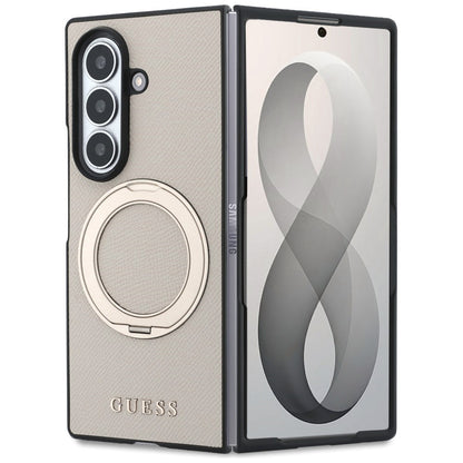 MagSafe tok Samsung Galaxy Z Fold8 Ultra F976-hez, Guess, Gyűrűs Állvány Barázdált Klasszikus Logó, Bézs