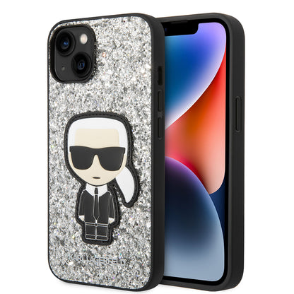 Tok Apple iPhone 14-hez, Karl Lagerfeld, Glitter Flakes Ikonik Karl, Ezüst
