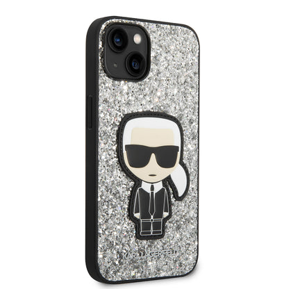 Tok Apple iPhone 14-hez, Karl Lagerfeld, Glitter Flakes Ikonik Karl, Ezüst