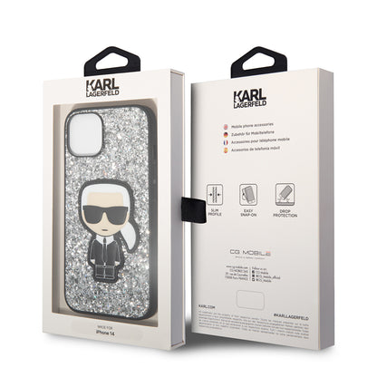 Tok Apple iPhone 14-hez, Karl Lagerfeld, Glitter Flakes Ikonik Karl, Ezüst
