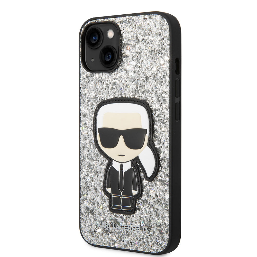Tok Apple iPhone 14-hez, Karl Lagerfeld, Glitter Flakes Ikonik Karl, Ezüst