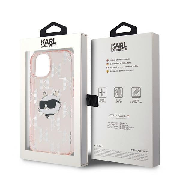 Tok Apple iPhone 14-hez, Karl Lagerfeld, IML Luxury Monogram Choupette's Head, Rózsaszín