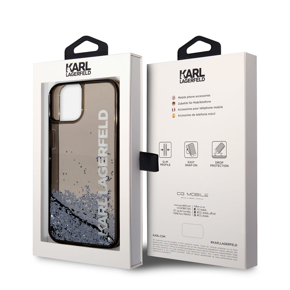 Tok Apple iPhone 14-hez, Karl Lagerfeld, Liquid Glitter KL Logo, Fekete