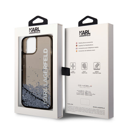Tok Apple iPhone 14-hez, Karl Lagerfeld, Liquid Glitter KL Logo, Fekete