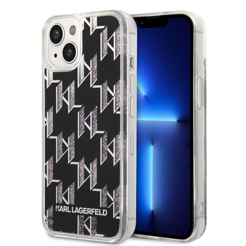 Tok Apple iPhone 14-hez, Karl Lagerfeld, Liquid Glitter Monogram, Fekete