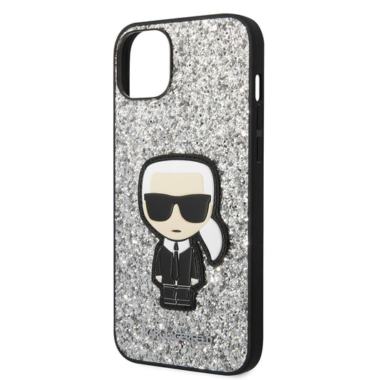 Tok Apple iPhone 14 Plus-hoz, Karl Lagerfeld, Glitter Flakes Ikonik Karl, Ezüst