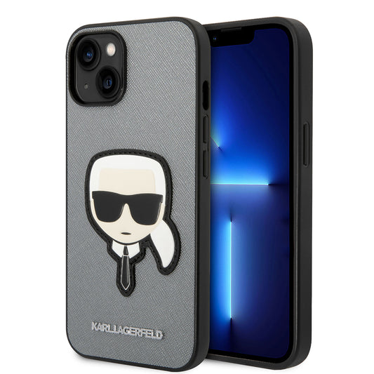 Tok Apple iPhone 14 Plus-hoz, Karl Lagerfeld, Saffiano Karl's Head, Ezüst