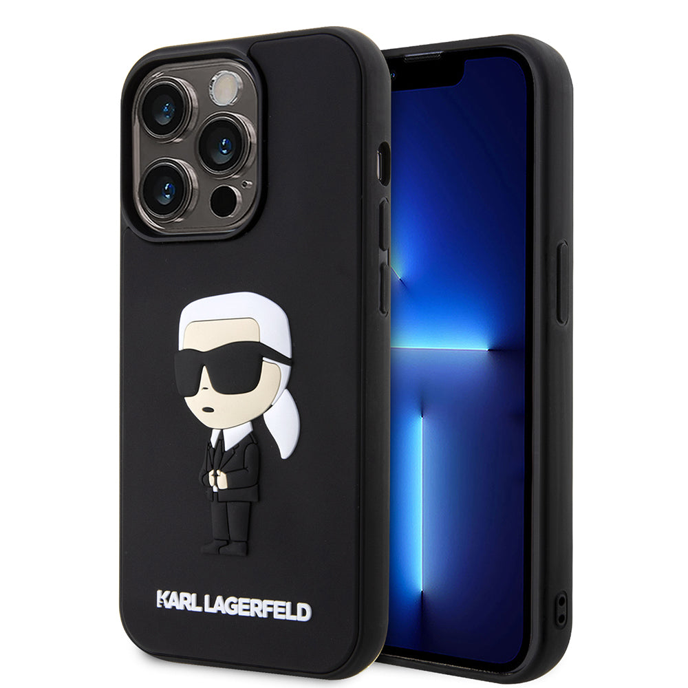 Tok Apple iPhone 14 Pro-hoz, Karl Lagerfeld, 3D Rubber Ikonik Karl, Fekete