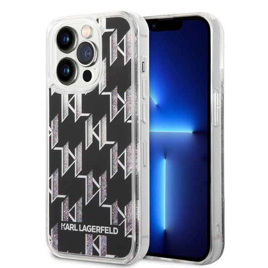 Tok Apple iPhone 14 Pro-hoz, Karl Lagerfeld, Liquid Glitter Monogram, Fekete