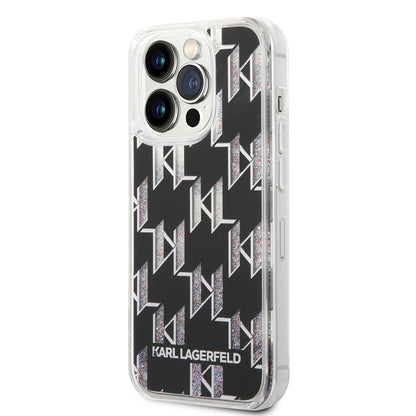 Tok Apple iPhone 14 Pro-hoz, Karl Lagerfeld, Liquid Glitter Monogram, Fekete