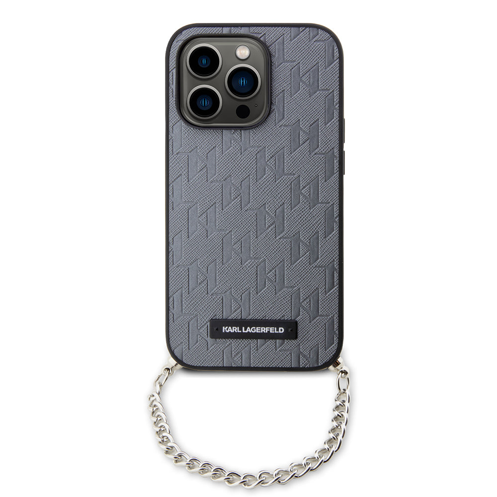 Tok Apple iPhone 14 Pro-hoz, Karl Lagerfeld, Saffiano Monogram Chain, Ezüst