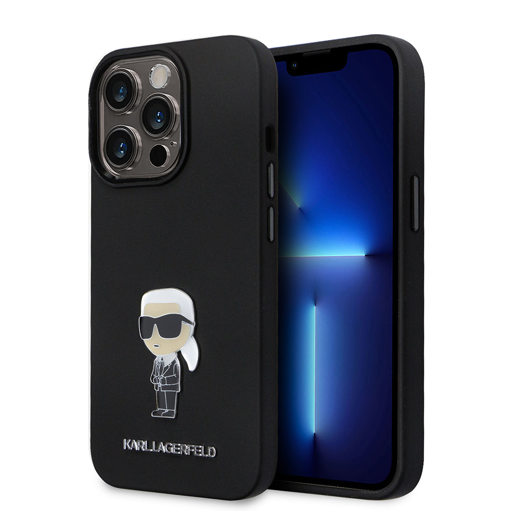 Tok Apple iPhone 14 Pro-hoz, Karl Lagerfeld, Silicone Ikonik Karl Metal, Fekete