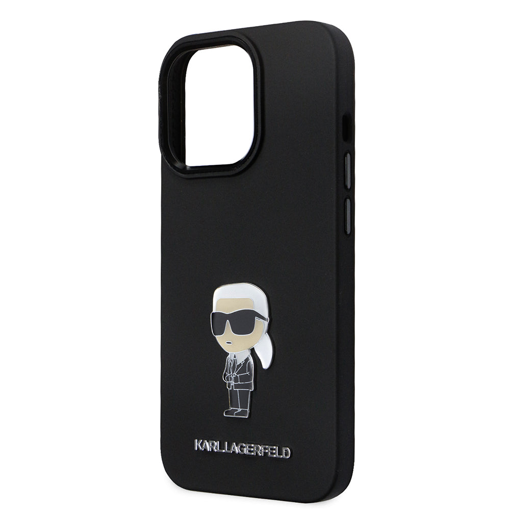 Tok Apple iPhone 14 Pro-hoz, Karl Lagerfeld, Silicone Ikonik Karl Metal, Fekete