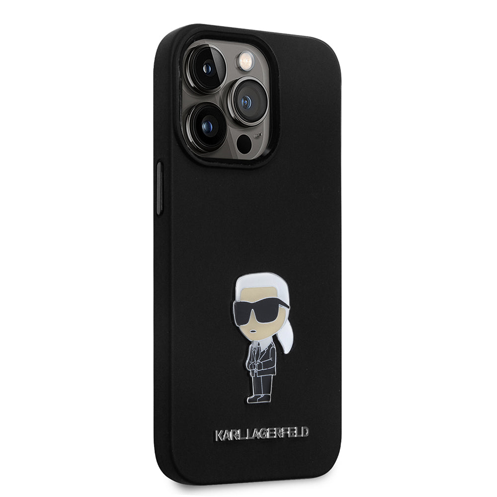 Tok Apple iPhone 14 Pro-hoz, Karl Lagerfeld, Silicone Ikonik Karl Metal, Fekete
