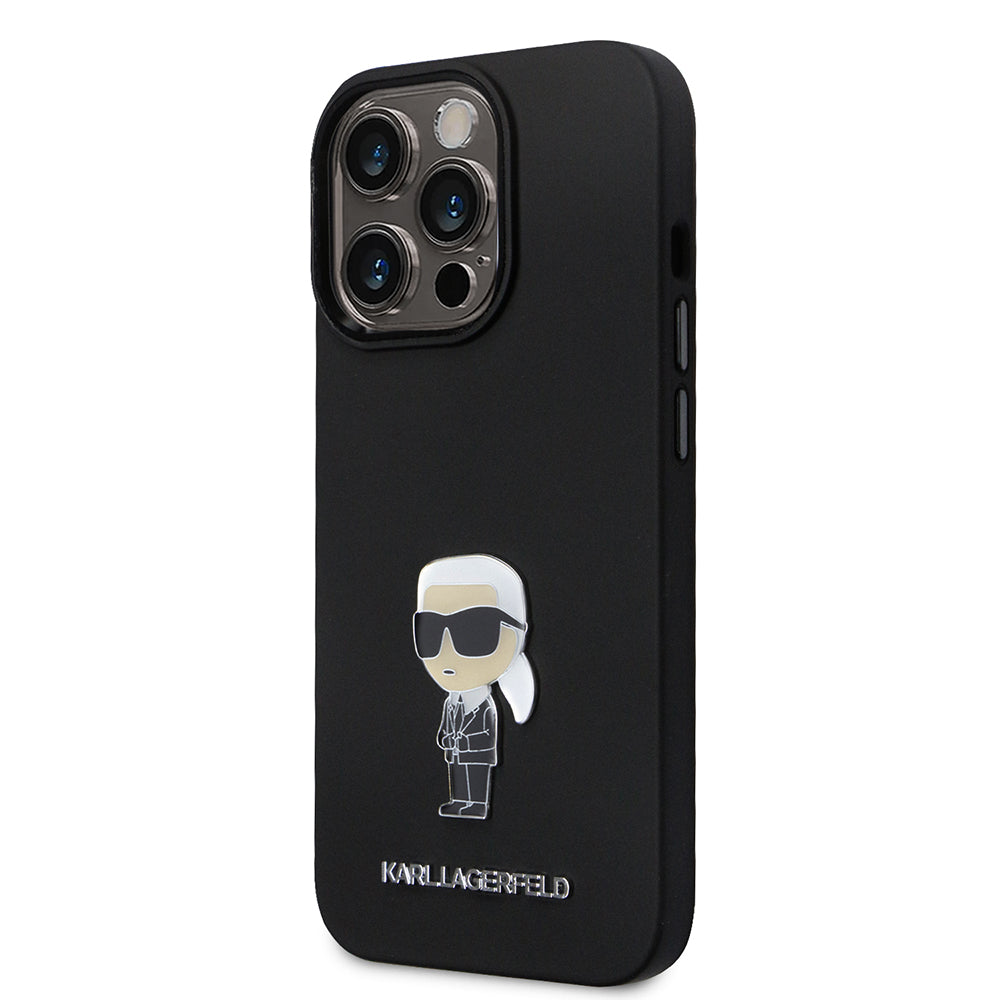 Tok Apple iPhone 14 Pro-hoz, Karl Lagerfeld, Silicone Ikonik Karl Metal, Fekete