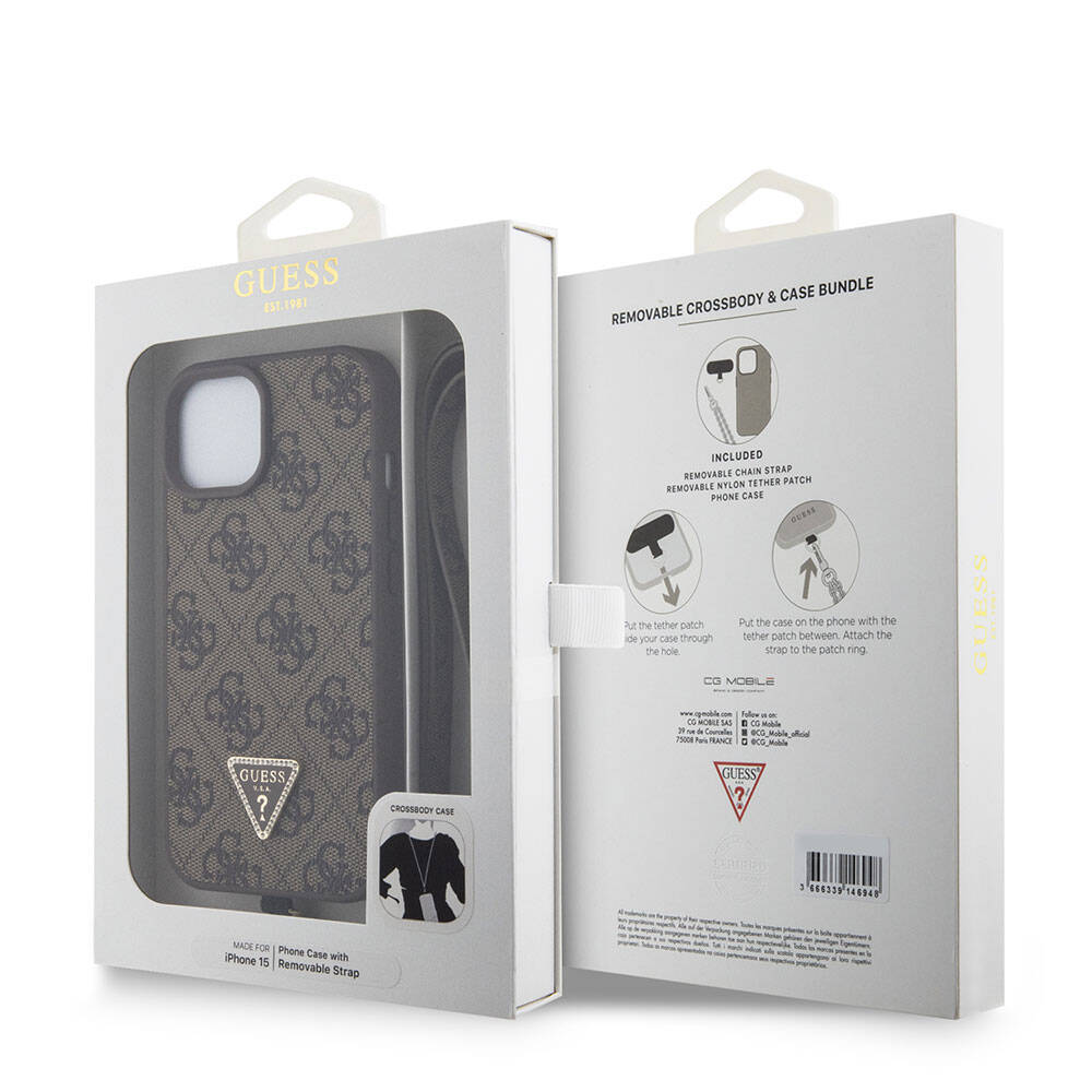 Tok Apple iPhone 15-höz, Guess, Crossbody 4G Metal Logo, Barna