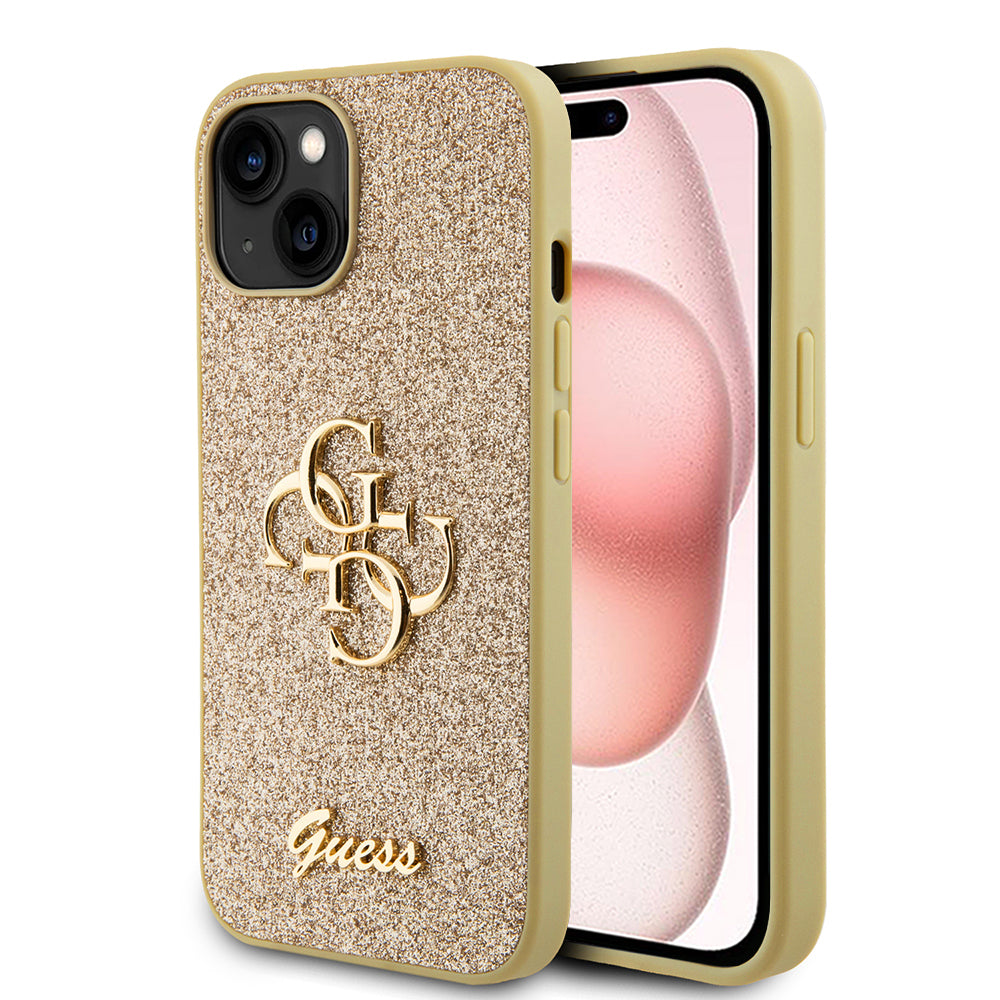 Tok a Apple iPhone 15-höz, Guess, Glitter Big 4G Script, Arany