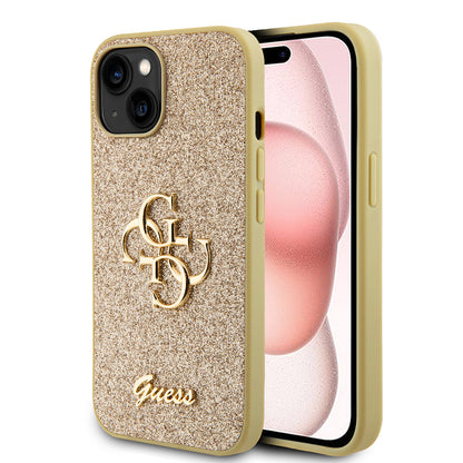 Tok a Apple iPhone 15-höz, Guess, Glitter Big 4G Script, Arany
