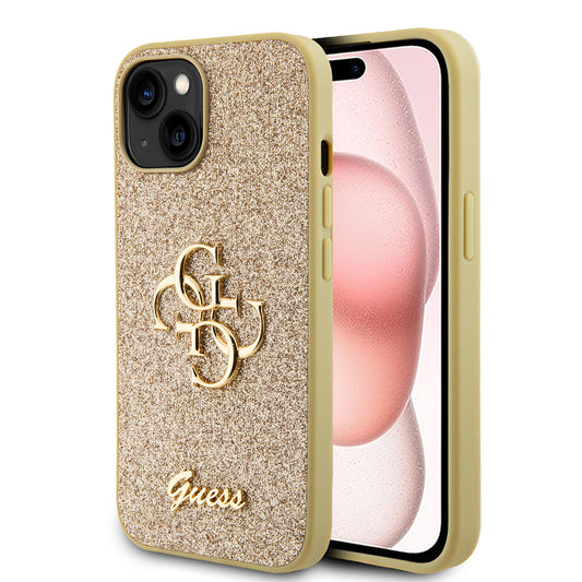 Tok a Apple iPhone 15-höz, Guess, Glitter Big 4G Script, Arany