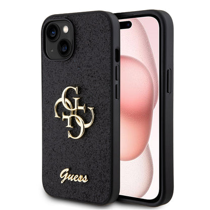Tok Apple iPhone 15-höz, Guess, Glitter Big 4G Script, Fekete