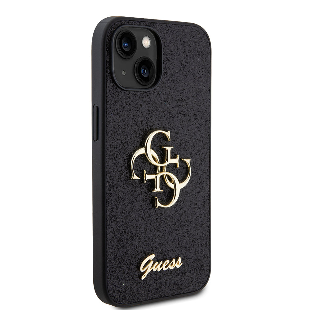 Tok Apple iPhone 15-höz, Guess, Glitter Big 4G Script, Fekete