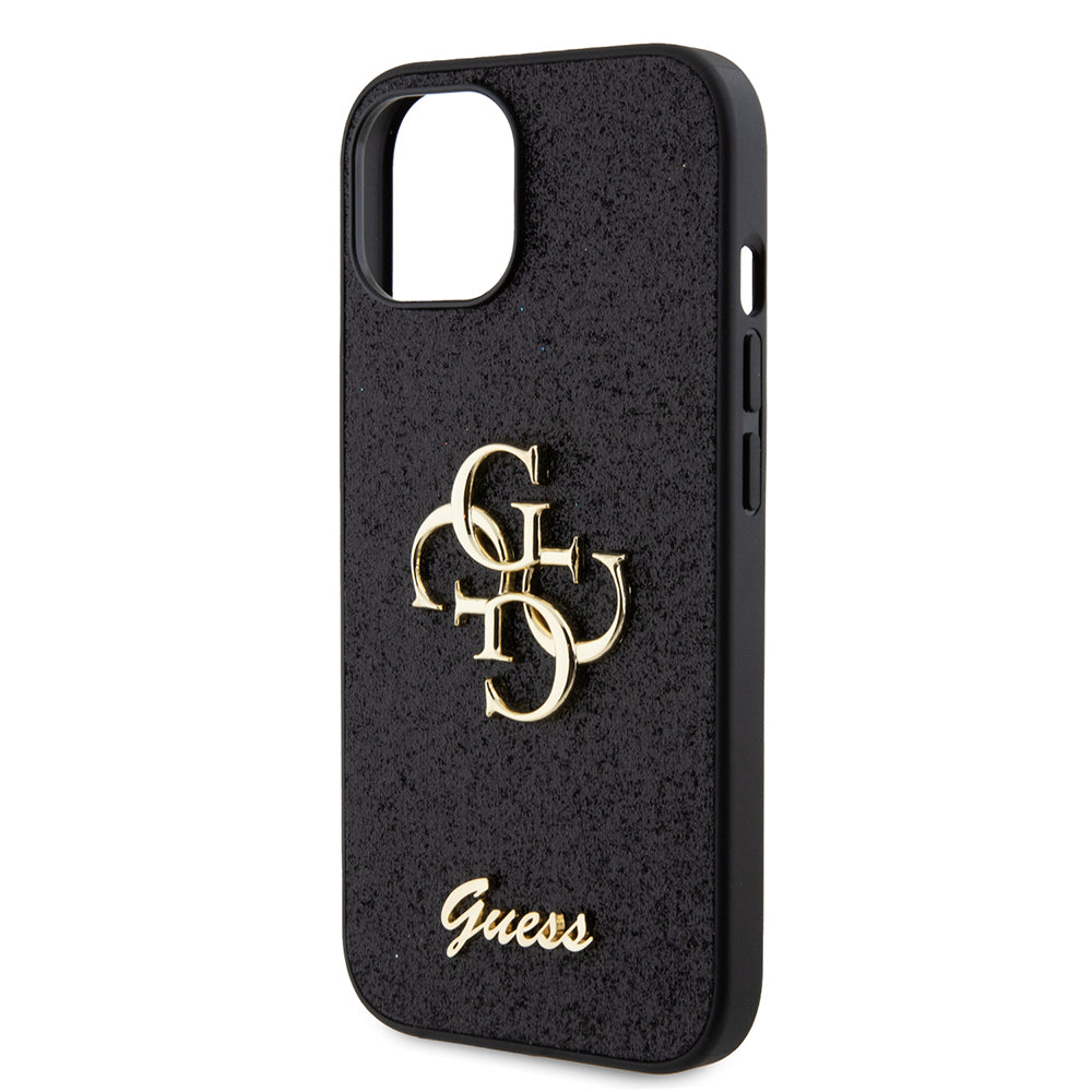 Tok Apple iPhone 15-höz, Guess, Glitter Big 4G Script, Fekete