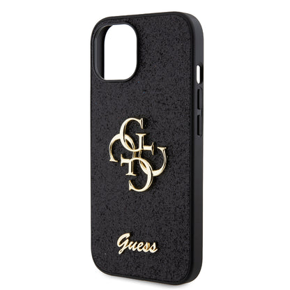 Tok Apple iPhone 15-höz, Guess, Glitter Big 4G Script, Fekete
