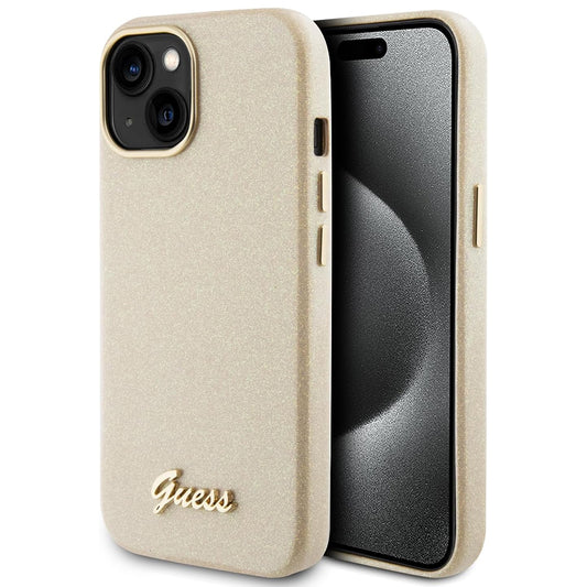 Tok Apple iPhone 15-höz, Guess, Glitter Glossy Script, Bézs