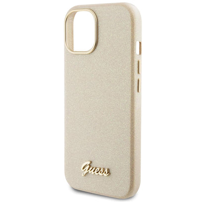 Tok Apple iPhone 15-höz, Guess, Glitter Glossy Script, Bézs