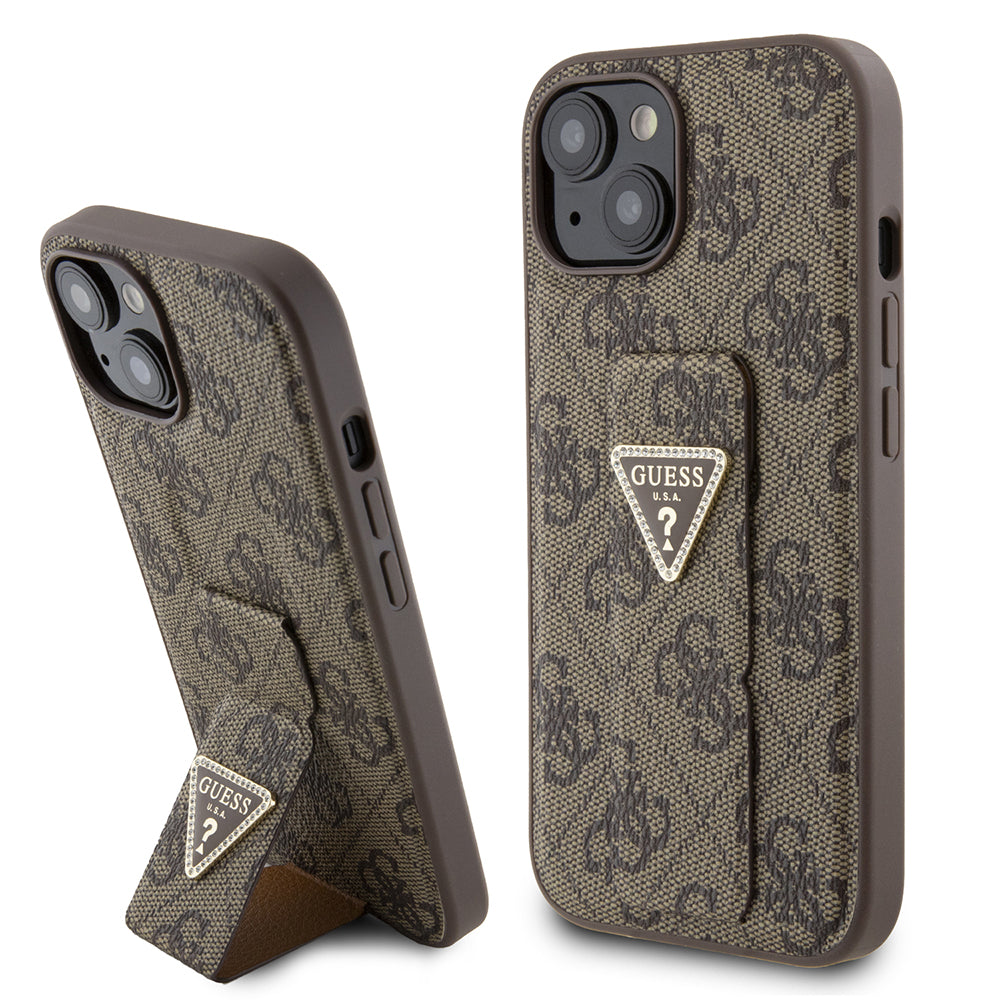 Tok Apple iPhone 15-höz, Guess, Grip Stand 4G Triangle Strass, Barna