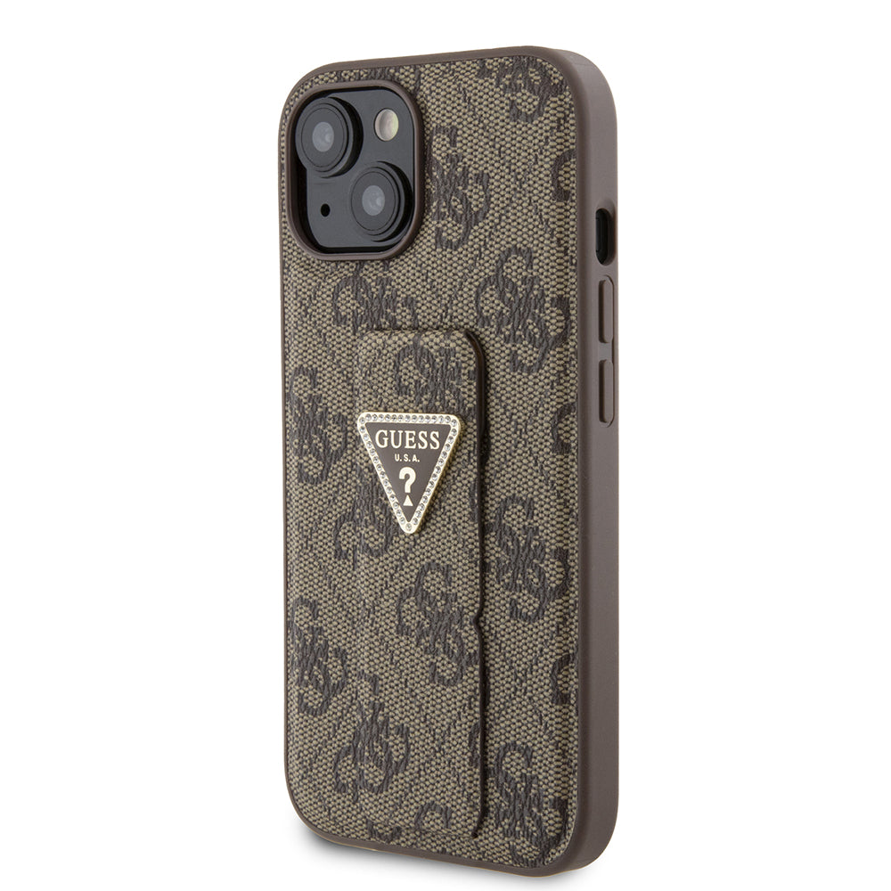 Tok Apple iPhone 15-höz, Guess, Grip Stand 4G Triangle Strass, Barna