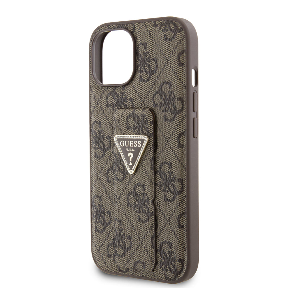 Tok Apple iPhone 15-höz, Guess, Grip Stand 4G Triangle Strass, Barna