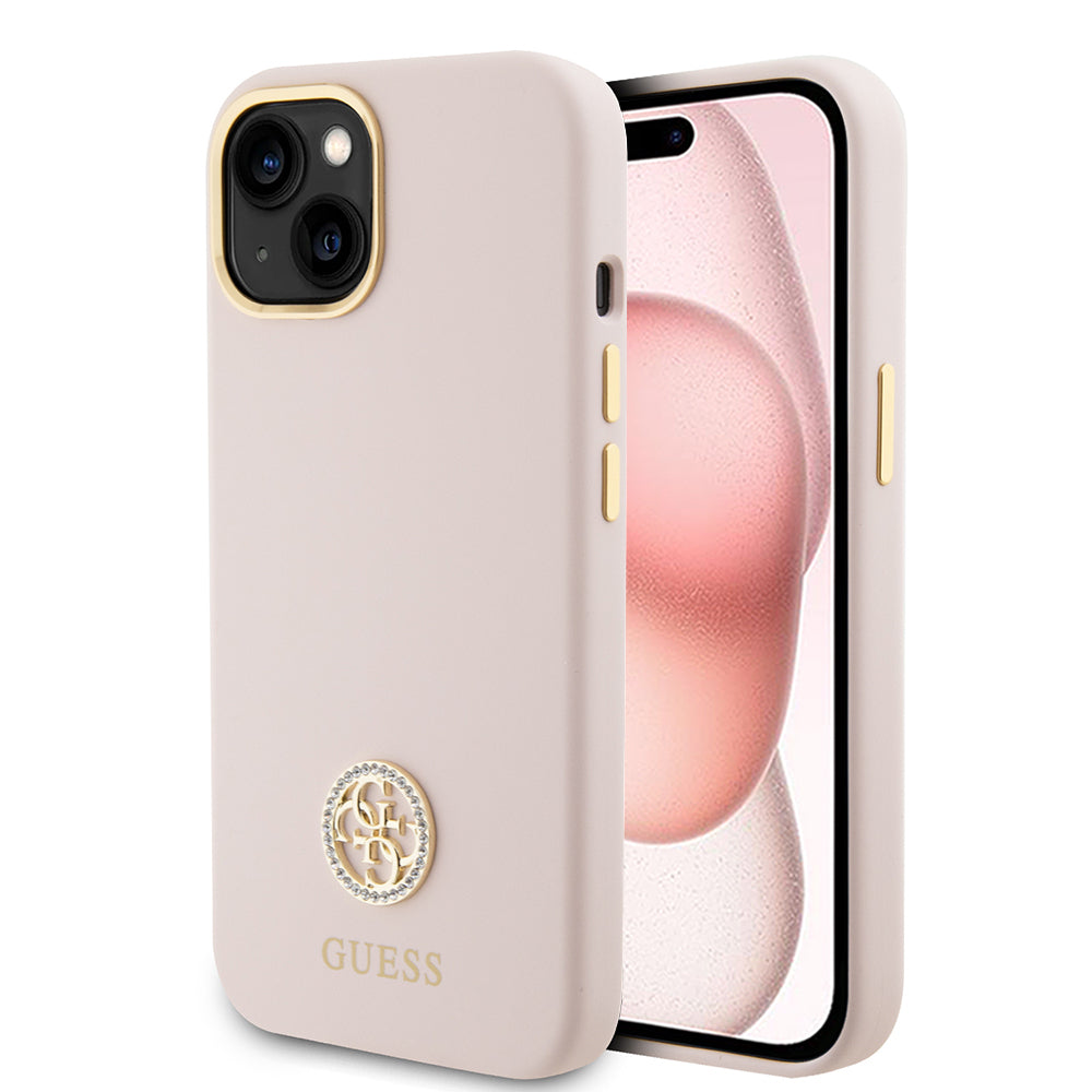Tok a Apple iPhone 15-höz, Guess, Logo Strass 4G, Világos rózsaszín