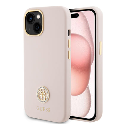 Tok a Apple iPhone 15-höz, Guess, Logo Strass 4G, Világos rózsaszín